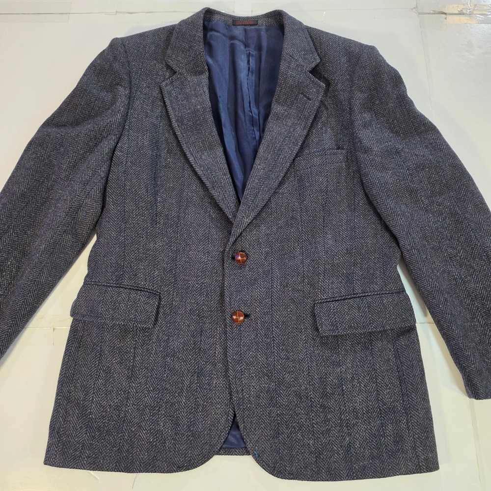 Vtg 80s Savile Row Mens Blue Herringbone 100% Pure Wool Blazer Sport Coat 44R